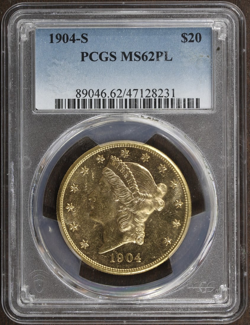 1904-S Liberty Head $20 Gold Double Eagle PCGS Prooflike MS62: 1904-S Liberty Head $20 Gold Double Eagle PCGS Prooflike MS62 This 1904-S Liberty Head Gold Double Eagle $20 coin is graded MS62 Prooflike by PCGS. It is composed of gold with a fineness of 0.9 and wa