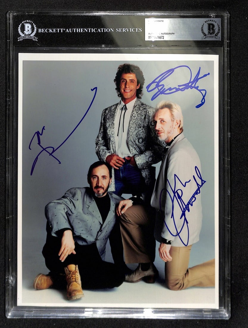 Autographed 8x10 Photo Signed by Townsend Daltrey Entwistle Beckett Authenticated: Autographed 8x10 Photo Signed by Townsend Daltrey Entwistle Beckett Authenticated This 8x10 photograph features authentic signatures from Pete Townshend, Roger Daltrey, and John Entwistle of The Who. 