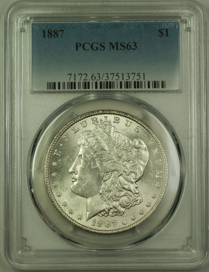 PCGS MS 63 1887 Silver Morgan Dollar from Philadelphia: PCGS MS 63 1887 Silver Morgan Dollar from Philadelphia This is an 1887 Morgan Silver Dollar $1 coin certified by PCGS with a grade of MS-63. The coin is uncirculated and was minted in Philadelphia. It