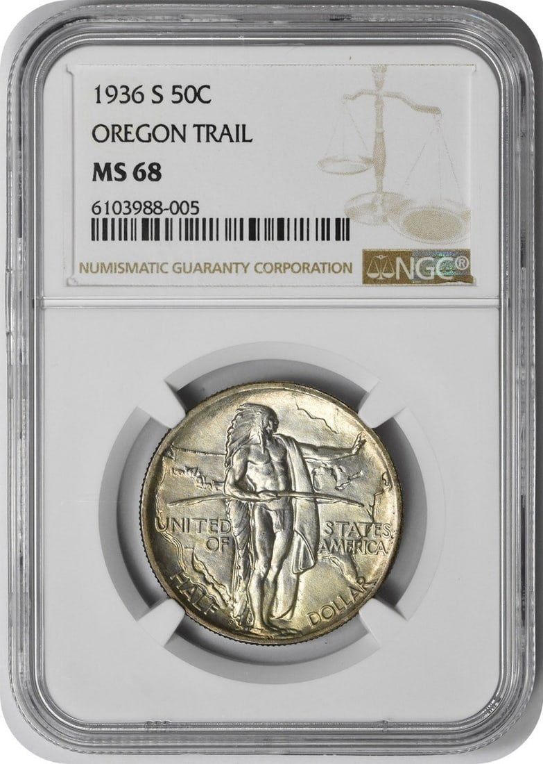 1936-S Oregon Trail Half Dollar NGC MS68 Silver Commemorative: 1936-S Oregon Trail Half Dollar NGC MS68 Silver Commemorative This 1936 Oregon Commemorative Half Dollar is a pre-owned coin struck in San Francisco and graded MS68 by NGC. Composed of 90% silver and 