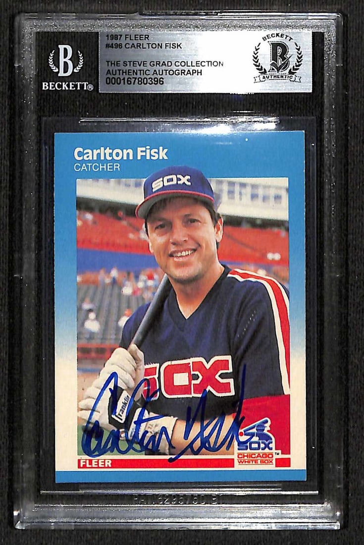 Carlton Fisk 1987 Fleer #496 Signed Baseball Card Beckett Authenticated: Carlton Fisk 1987 Fleer #496 Signed Baseball Card Beckett Authenticated This is an autographed 1987 Fleer #496 sports trading card signed in blue permanent marker by Carlton Fisk, the legendary catche