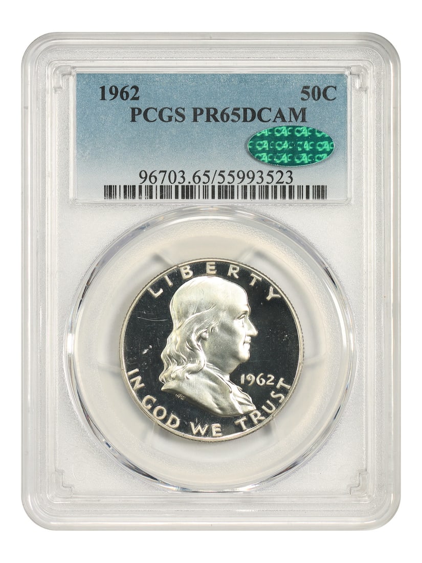 Franklin Half Dollar 1962 50C PCGS CAC PR65DCAM: Franklin Half Dollar 1962 50C PCGS CAC PR65DCAM 1962 Franklin Half Dollar, certified by PCGS and bearing a CAC designation. This uncirculated example is a pre-owned coin with a PR65DCAM grade. Specifi