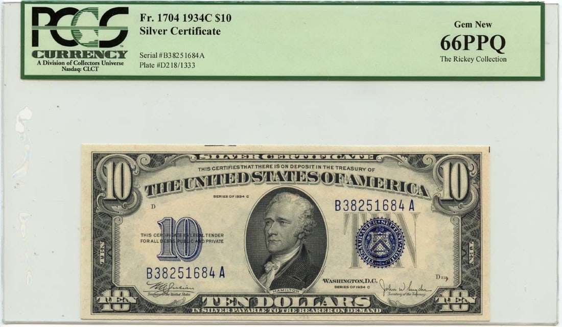 1934 $10 Silver Certificate Julian Snyder PCGS GEM 66 PPQ: 1934 $10 Silver Certificate Julian Snyder PCGS GEM 66 PPQ This 1934 $10 Silver Certificate (Fr# 1704) is a remarkable piece of currency, graded by PCGS as GEM 66 PPQ, indicating its pristine quality. 