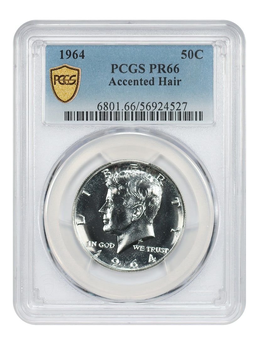 Kennedy Half Dollar 1964 50C PCGS PR66 Accented Hair Variety: Kennedy Half Dollar 1964 50C PCGS PR66 Accented Hair Variety 1964 Kennedy Half Dollar in the popular and scarcer Accented Hair variety. This 50C coin is certified by PCGS as PR66 and is listed as unci