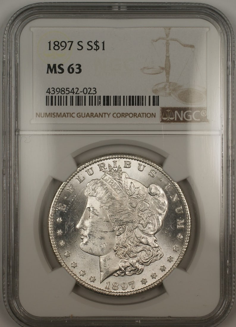 NGC MS-63 Certified 1897-S Morgan Dollar San Francisco Silver Coin: NGC MS-63 Certified 1897-S Morgan Dollar San Francisco Silver Coin This 1897-S Morgan Silver Dollar is a $1 coin certified by NGC with a grade of MS 63. Minted in San Francisco, it is composed of silv