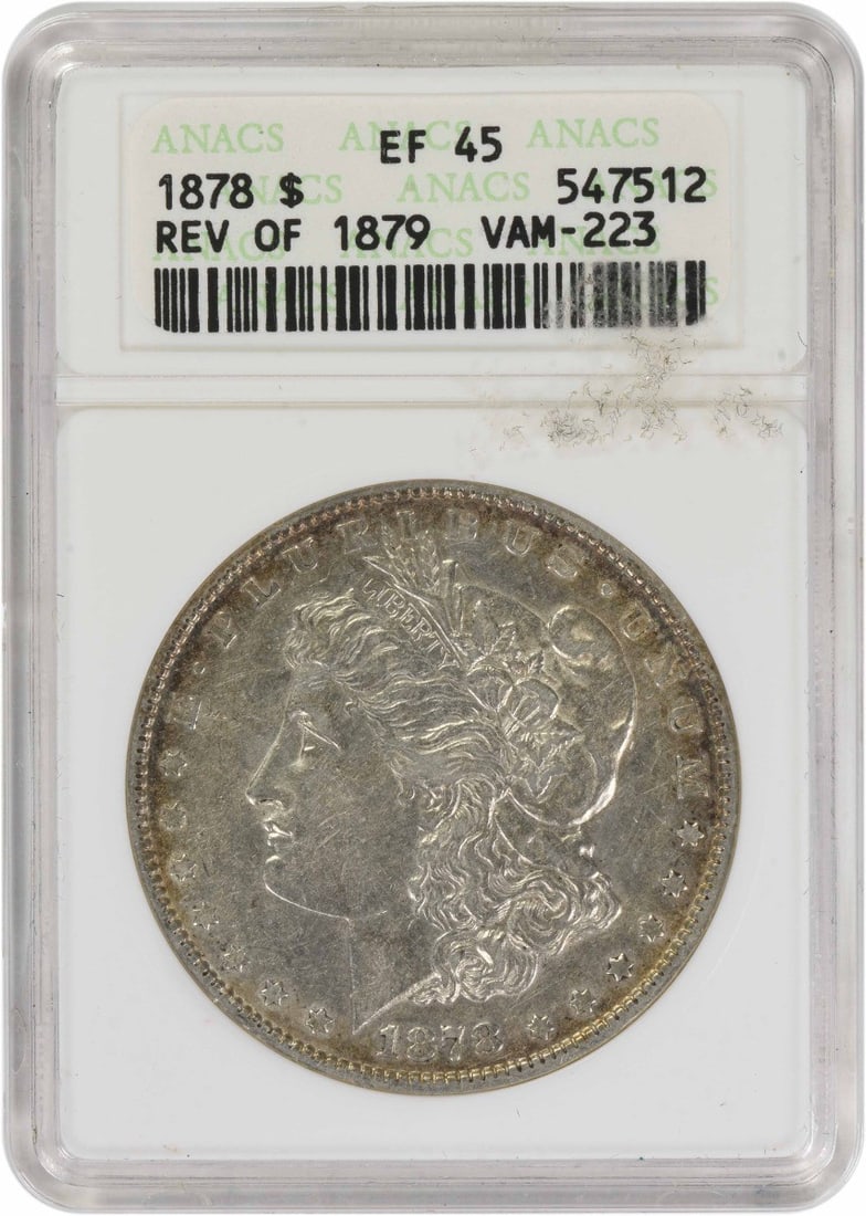 Morgan Dollar 1878 VAM 223 ANACS EF45 Philadelphia Silver Coin: Morgan Dollar 1878 VAM 223 ANACS EF45 Philadelphia Silver Coin This 1878 Morgan Silver Dollar is certified by ANACS and graded EF45. Struck at the Philadelphia Mint with no mint mark, it is composed o