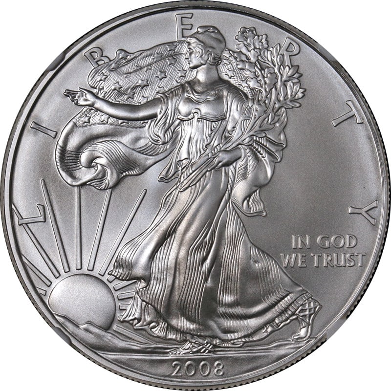 2008 NGC MS70 Silver Eagle Dollar Brown Label Uncirculated Coin: 2008 NGC MS70 Silver Eagle Dollar Brown Label Uncirculated Coin This is a 2008 Silver American Eagle $1 coin certified by NGC with a Brown Label and graded MS70. The coin is uncirculated, features .99
