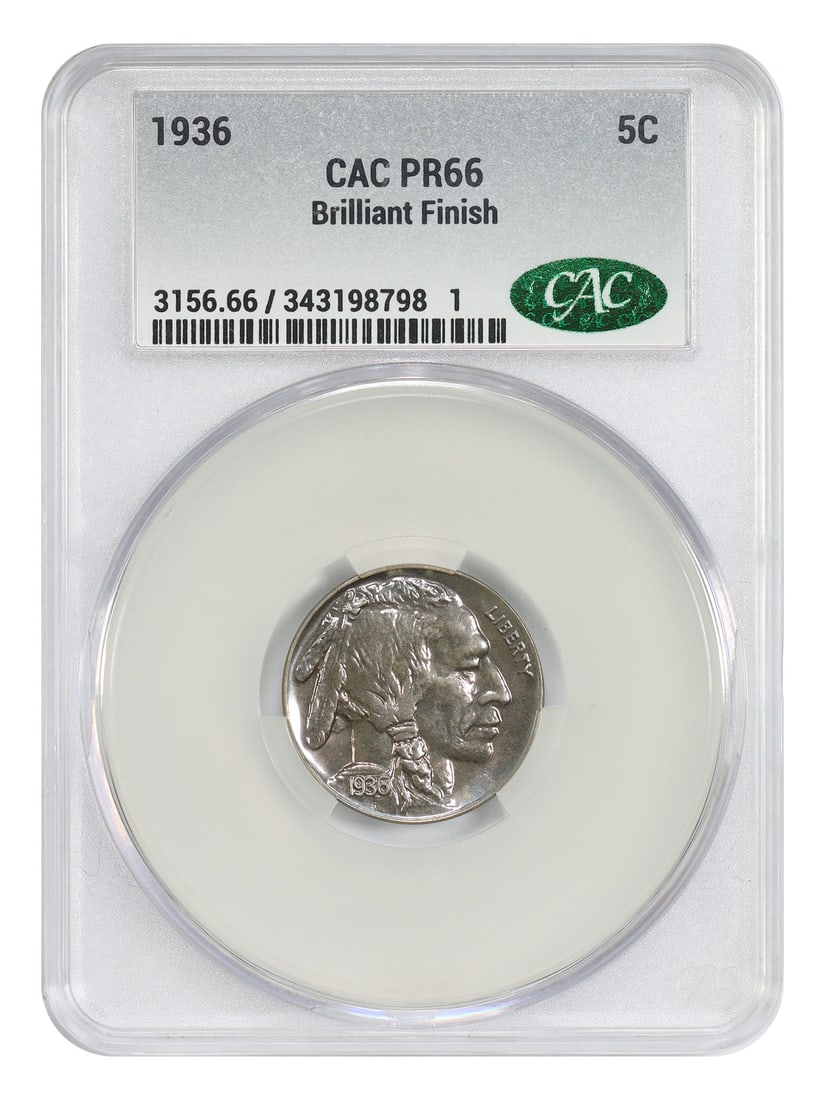 1936 Buffalo Nickel 5C Proof CACG PR66 Brilliant Key Date: 1936 Buffalo Nickel 5C Proof CACG PR66 Brilliant Key Date 1936 Buffalo Nickel proof certified by CACG as PR66 (Brilliant). This key date proof is noted as the first year of the brilliant, or type 2, f