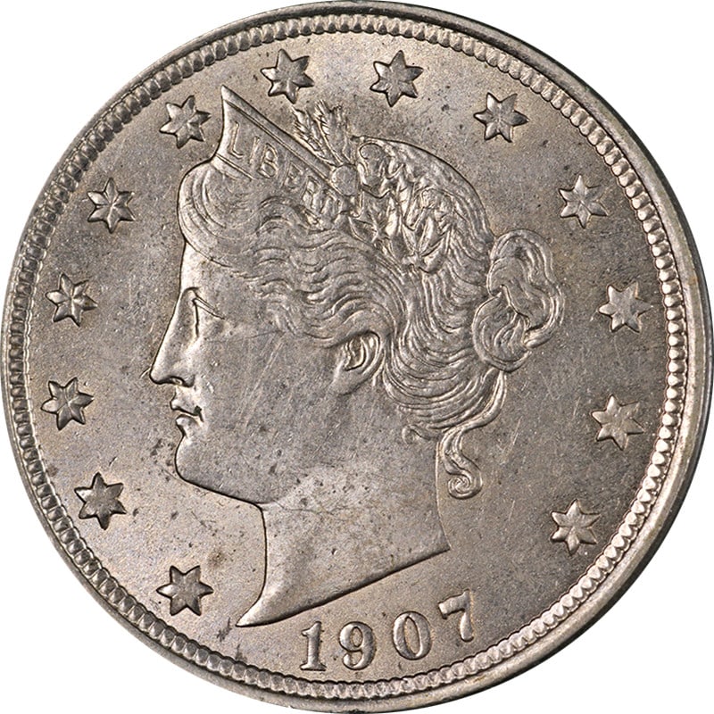 1907 Liberty V Nickel Uncertified Nice BU+: 1907 Liberty V Nickel Uncertified Nice BU+ This 1907 Liberty V Nickel is an uncirculated coin featuring attractive luster, strong strike, and appealing surfaces. The coin displays nice color and eye a