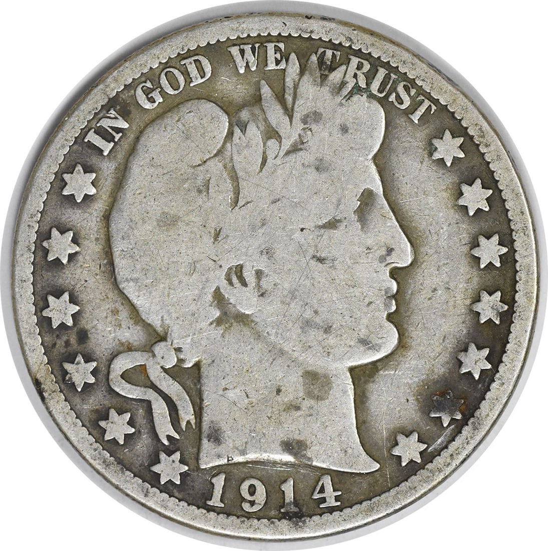 1914 United States Barber 50C Silver Half Dollar VG Uncertified: 1914 United States Barber 50C Silver Half Dollar VG Uncertified 1914 Barber Half Dollar coin in circulated VG condition. This uncertified United States 50C coin is composed of silver and is offered as