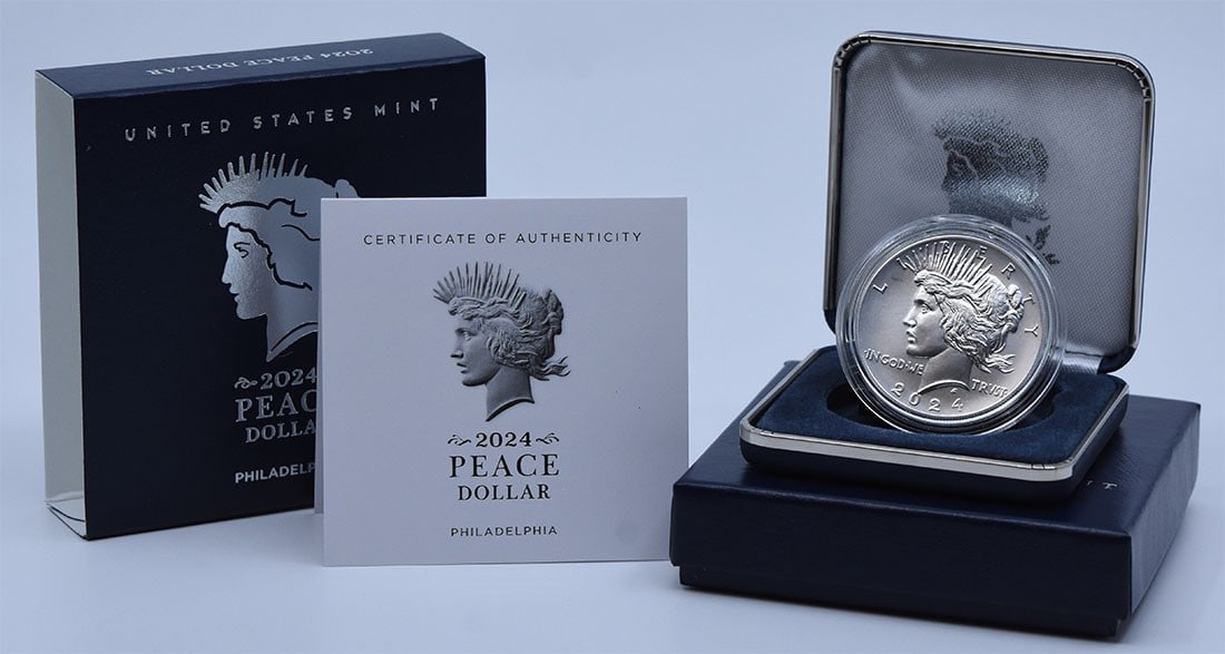 2024 Uncirculated US Peace Dollar Silver Coin with Government Packaging: 2024 Uncirculated US Peace Dollar Silver Coin with Government Packaging 2024 Peace Silver Dollar presented in original government packaging. This uncertified coin is listed as uncirculated and is a pr