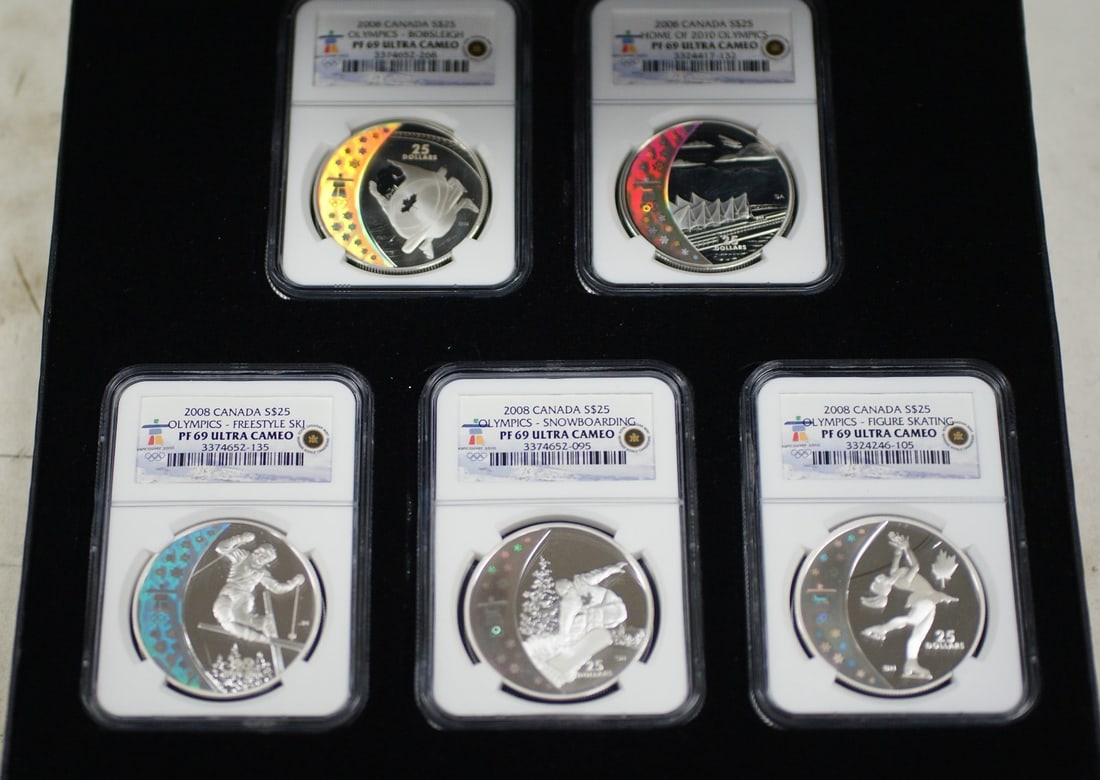 Set of 5 NGC PR-69 2008 Canada $25 Silver Olympic Hologram Coins: Set of 5 NGC PR-69 2008 Canada $25 Silver Olympic Hologram Coins This is a complete set of five 2008 Canada $25 silver hologram coins, each commemorating the Olympics. The set includes coins featuring