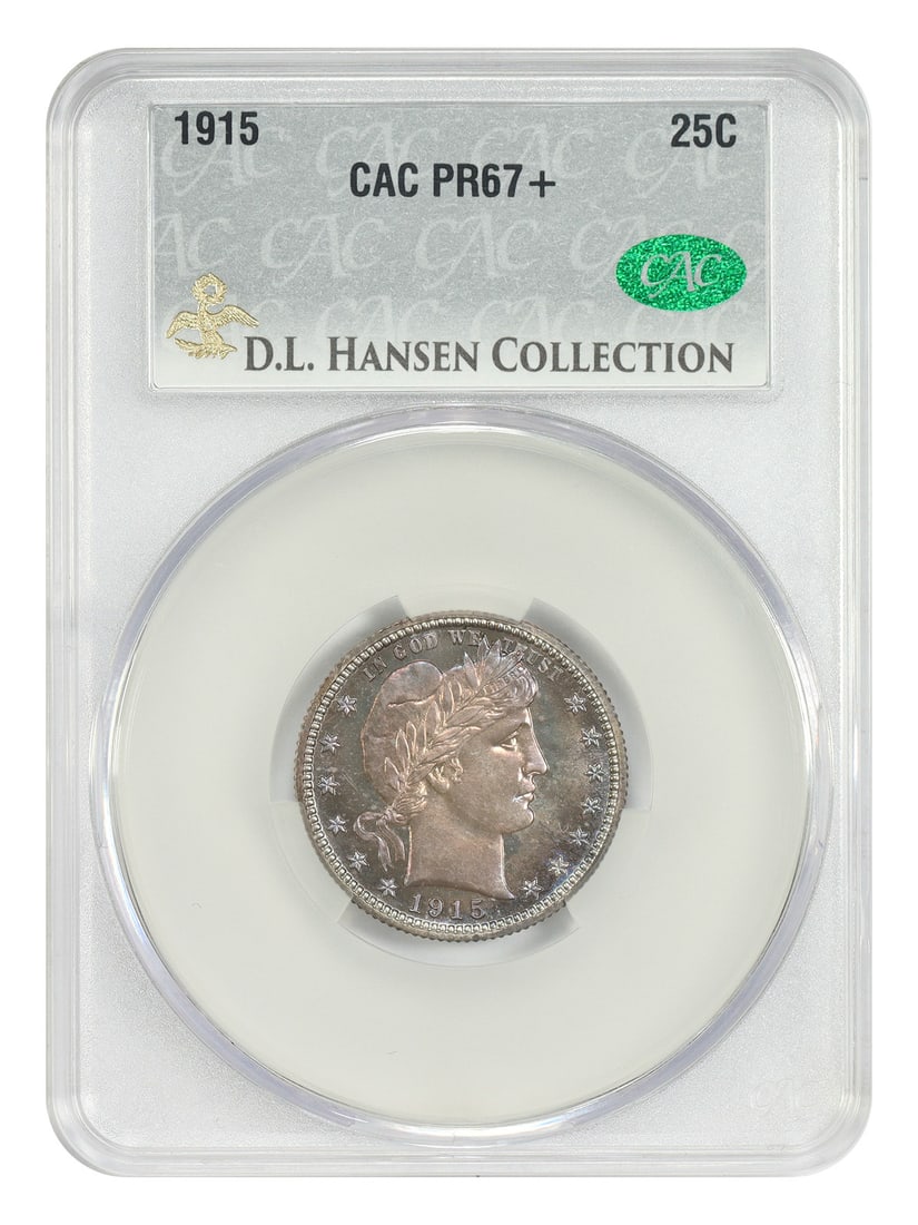 CACG PR67+ 1915 Barber Quarter ex D.L. Hansen 25C: CACG PR67+ 1915 Barber Quarter ex D.L. Hansen 25C 1915 Barber Quarter certified PR67+ by CACG and pedigreed ex: D.L. Hansen. This uncirculated proof example shows iridescent peach and mauve tones with