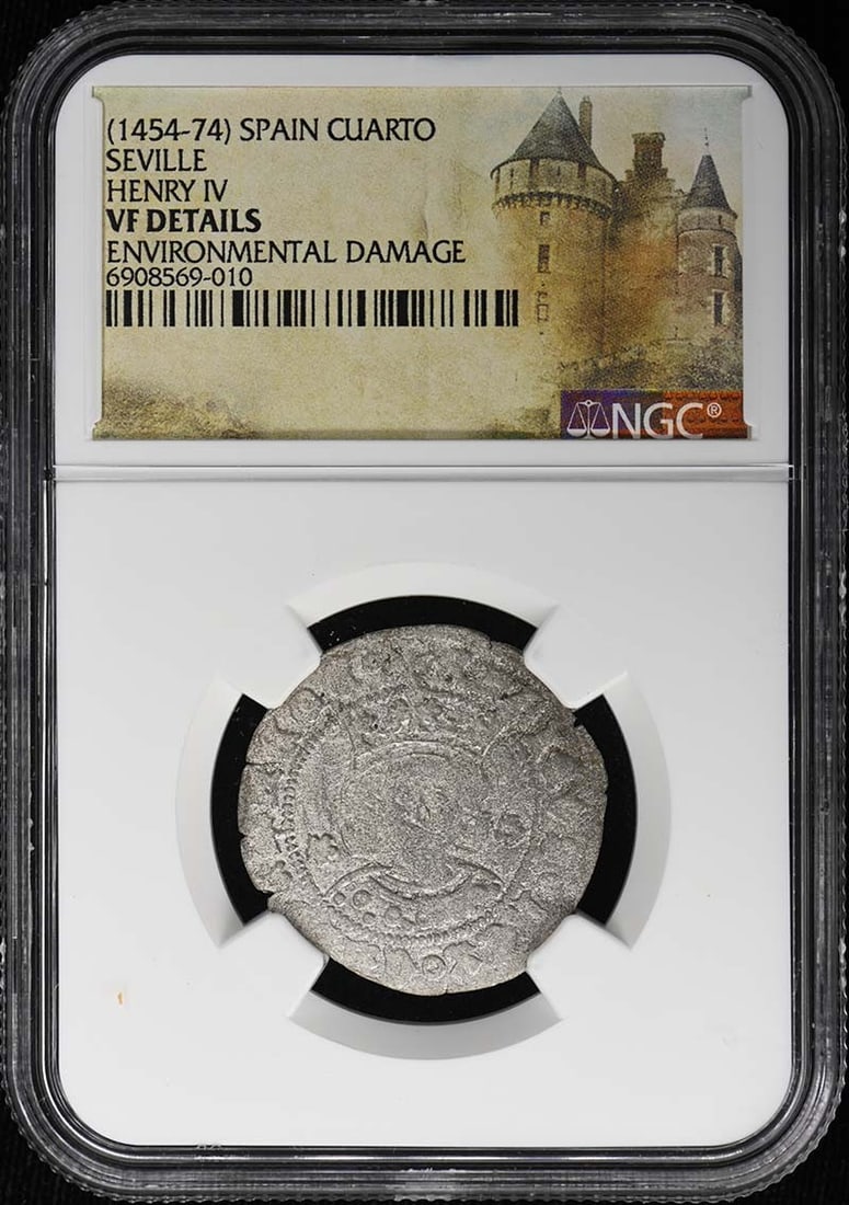 Spain Seville Henry IV Cuarto Coin NGC VF Details 1454-74: Spain Seville Henry IV Cuarto Coin NGC VF Details 1454-74 Spain Seville Henry IV Cuarto certified by NGC with a VF Details grade. This pre-owned coin is identified as an uncirculated example in the or
