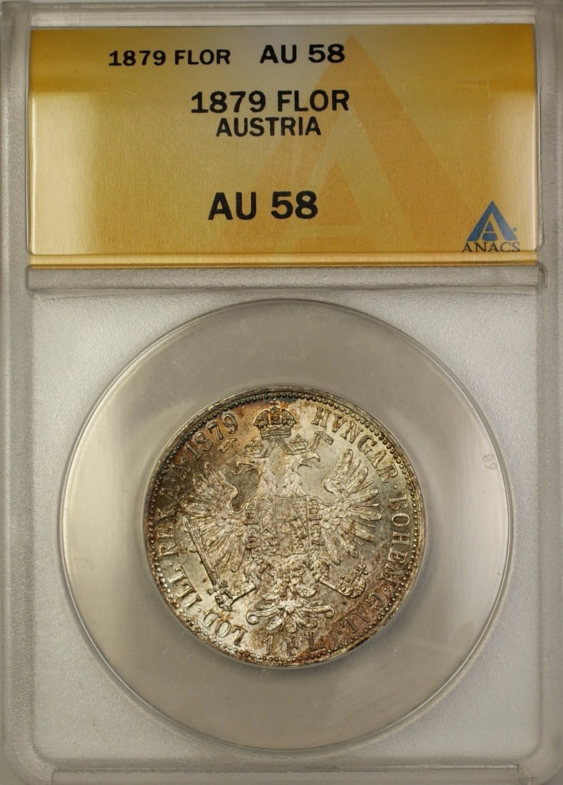 Austria 1 Florin Silver 1879 ANACS AU-58 Certified Toned Coin: Austria 1 Florin Silver 1879 ANACS AU-58 Certified Toned Coin This is an 1879 Austria 1 Florin silver coin certified by ANACS with a grade of AU-58. The coin is composed of 90% silver, features natura