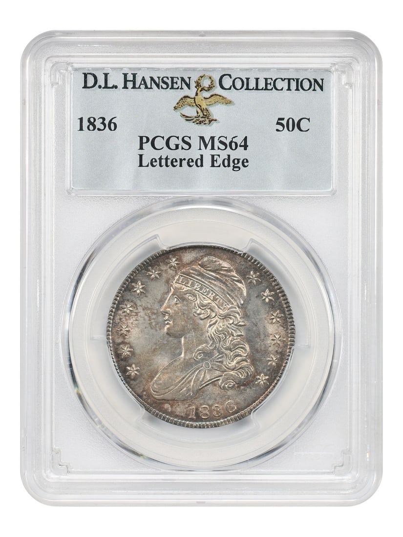 1836 Capped Bust Half Dollar 50C PCGS MS64 Lettered Edge: 1836 Capped Bust Half Dollar 50C PCGS MS64 Lettered Edge 1836 Capped Bust Half Dollar with Lettered Edge, certified PCGS MS64. This uncirculated example is identified in the original description as th