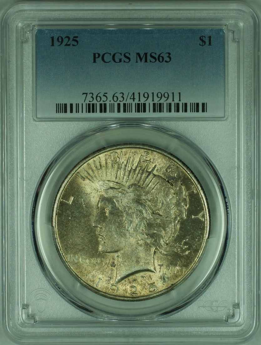 PCGS MS-63 1925 Peace Dollar Silver Coin Toned Uncirculated: PCGS MS-63 1925 Peace Dollar Silver Coin Toned Uncirculated This is a 1925 Peace Silver Dollar graded MS-63 by PCGS. The coin is uncirculated, features attractive toning, and was minted in Philadelphi