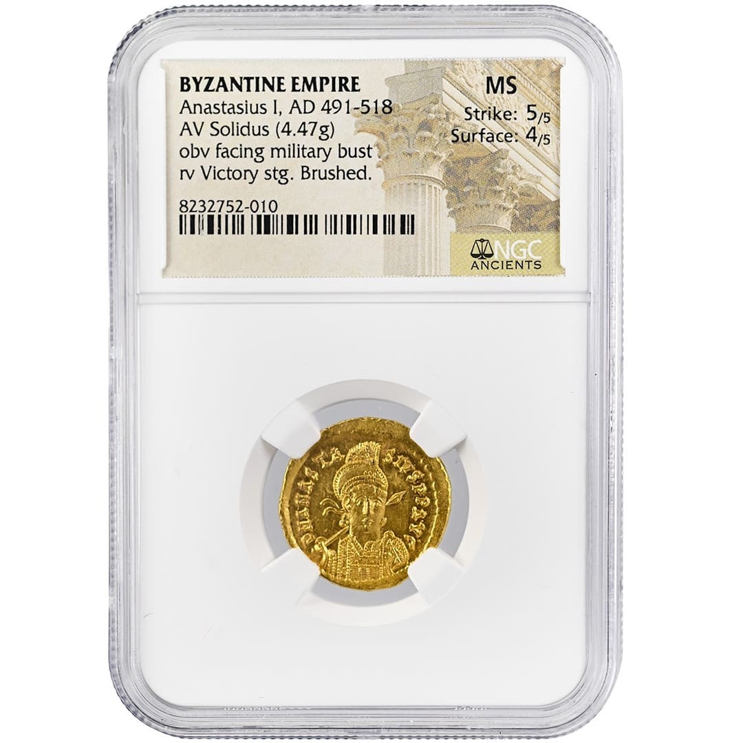 NGC MS Byzantine gold solidus of Anastasius I AD 491-518: NGC MS Byzantine gold solidus of Anastasius I AD 491-518 Byzantine Anastasius I gold solidus from AD 491-518, struck in gold and graded NGC MS. This ancient coin is attributed to the reign of Anastasi