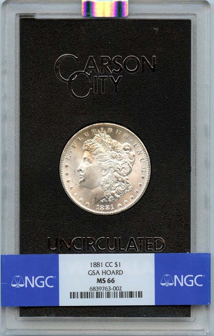 NGC MS66 1881 Carson City Morgan Dollar from GSA Hoard: NGC MS66 1881 Carson City Morgan Dollar from GSA Hoard This is an 1881-CC Morgan Dollar from the GSA Hoard, certified by NGC with a grade of MS66. The coin is uncirculated and was struck at the Carson