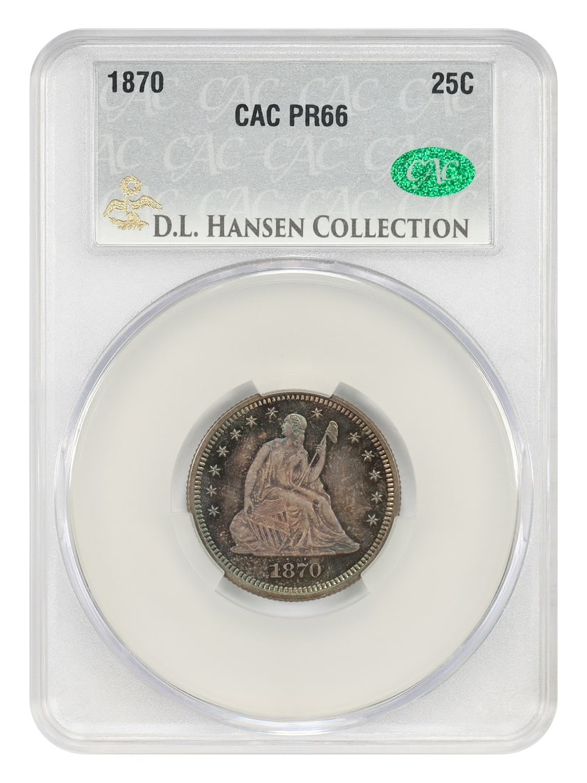 1870 Liberty Seated Quarter 25C PR66 CACG ex D.L. Hansen: 1870 Liberty Seated Quarter 25C PR66 CACG ex D.L. Hansen 1870 Liberty Seated Quarter certified PR66 by CACG. This uncirculated proof example comes from a mintage of 1,000 proof struck and is noted as 