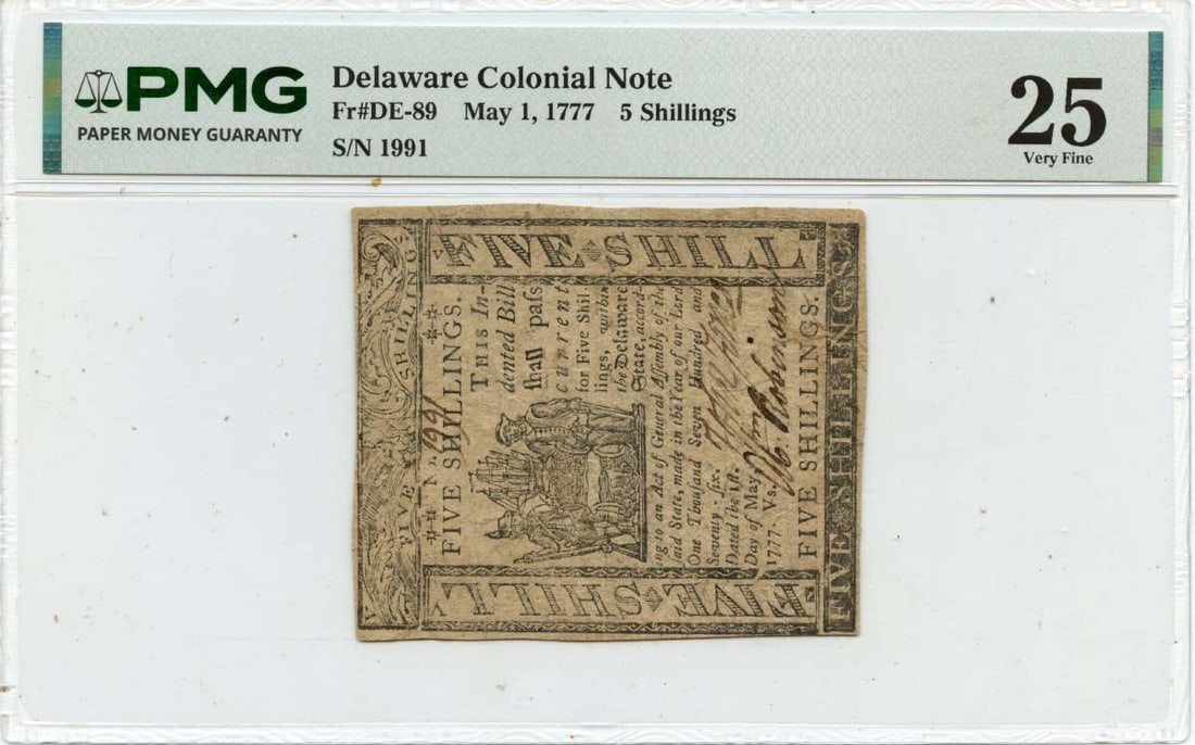 Delaware Colonial 5 Shillings Note May 1 1777 PMG VF25: Delaware Colonial 5 Shillings Note May 1 1777 PMG VF25 This historical 1777 May 1, 5 shillings Delaware Colonial Note is certified by PMG and graded VF25, indicating it is in Very Fine condition. The 