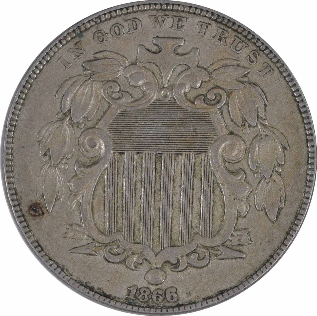 1866 5C Shield Nickel EF Philadelphia Uncertified: 1866 5C Shield Nickel EF Philadelphia Uncertified 1866 Shield Nickel with rays, issued for a 5-cent denomination and struck in Philadelphia. This circulated example is graded EF and remains uncertifie