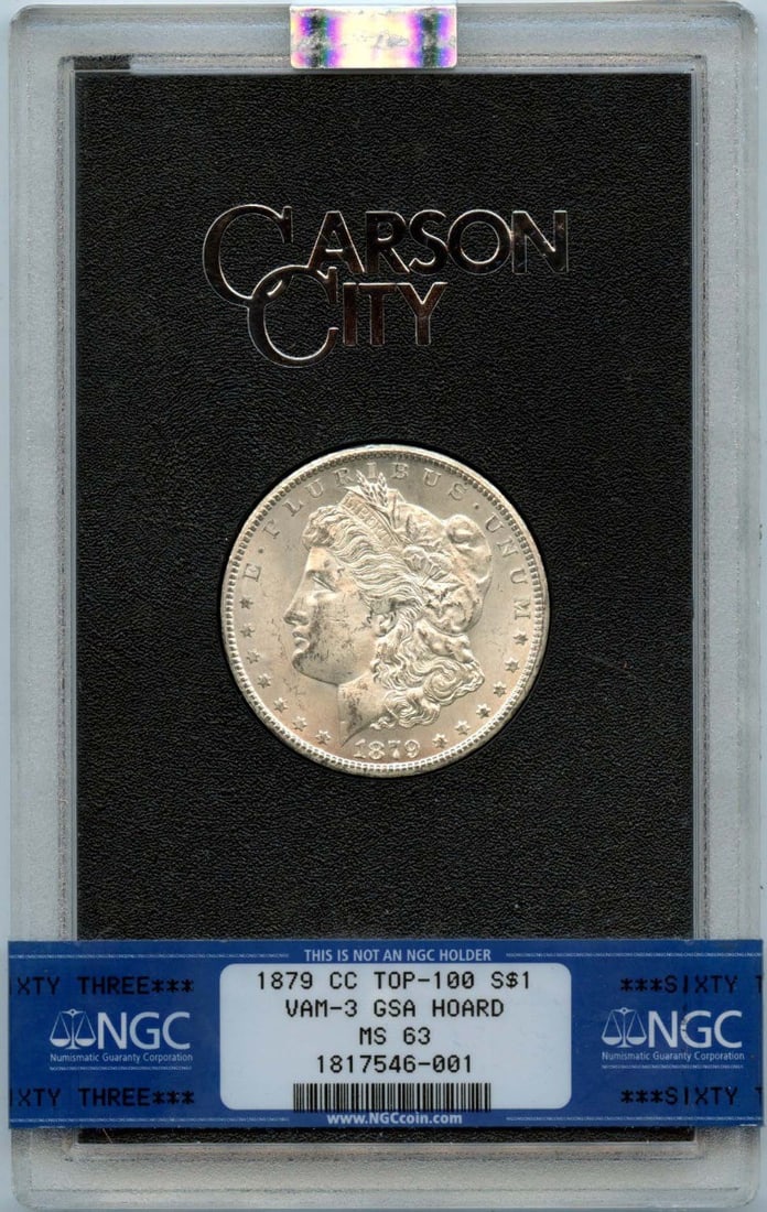 NGC MS63 1879 Carson City Morgan Dollar VAM-3 GSA Hoard Silver Coin: NGC MS63 1879 Carson City Morgan Dollar VAM-3 GSA Hoard Silver Coin This 1879-CC Morgan Dollar is a VAM-3 Top-100 variety from the GSA Hoard, certified by NGC with a grade of MS63. Struck at the Carso