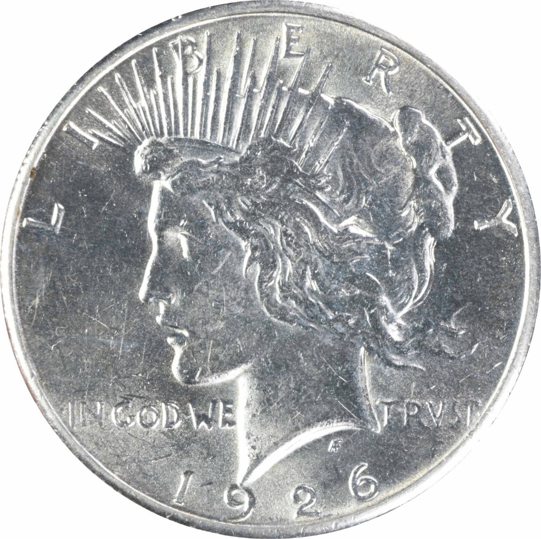 Uncertified 1926 Peace Dollar Silver $1 Uncirculated: Uncertified 1926 Peace Dollar Silver $1 Uncirculated 1926 Peace Silver Dollar offered in uncirculated, pre-owned condition. This uncertified silver $1 coin is identified as KM Number 150 and listed wi