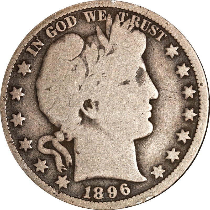 1896 O Silver Barber Half Dollar: 1896 O Silver Barber Half Dollar This 1896-O Barber Half Dollar is a circulated coin from the United States, minted in New Orleans in 1896. Composed of silver with a fineness of 0.9, this pre-owned co