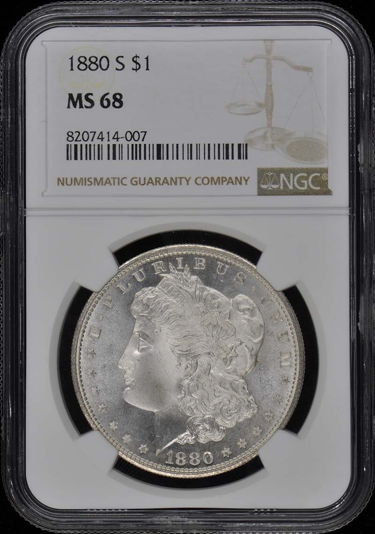 1880-S Morgan Dollar NGC MS68 Uncirculated San Francisco: 1880-S Morgan Dollar NGC MS68 Uncirculated San Francisco This 1880-S Morgan Dollar is certified by NGC with a high grade of MS68, indicating it is in uncirculated condition. Minted in San Francisco, t