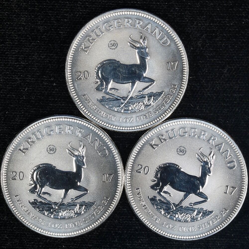 2017 South Africa Silver Krugerrand 3 x 1 Ounce Reverse Finish 50th Anniversary (1 of 2)