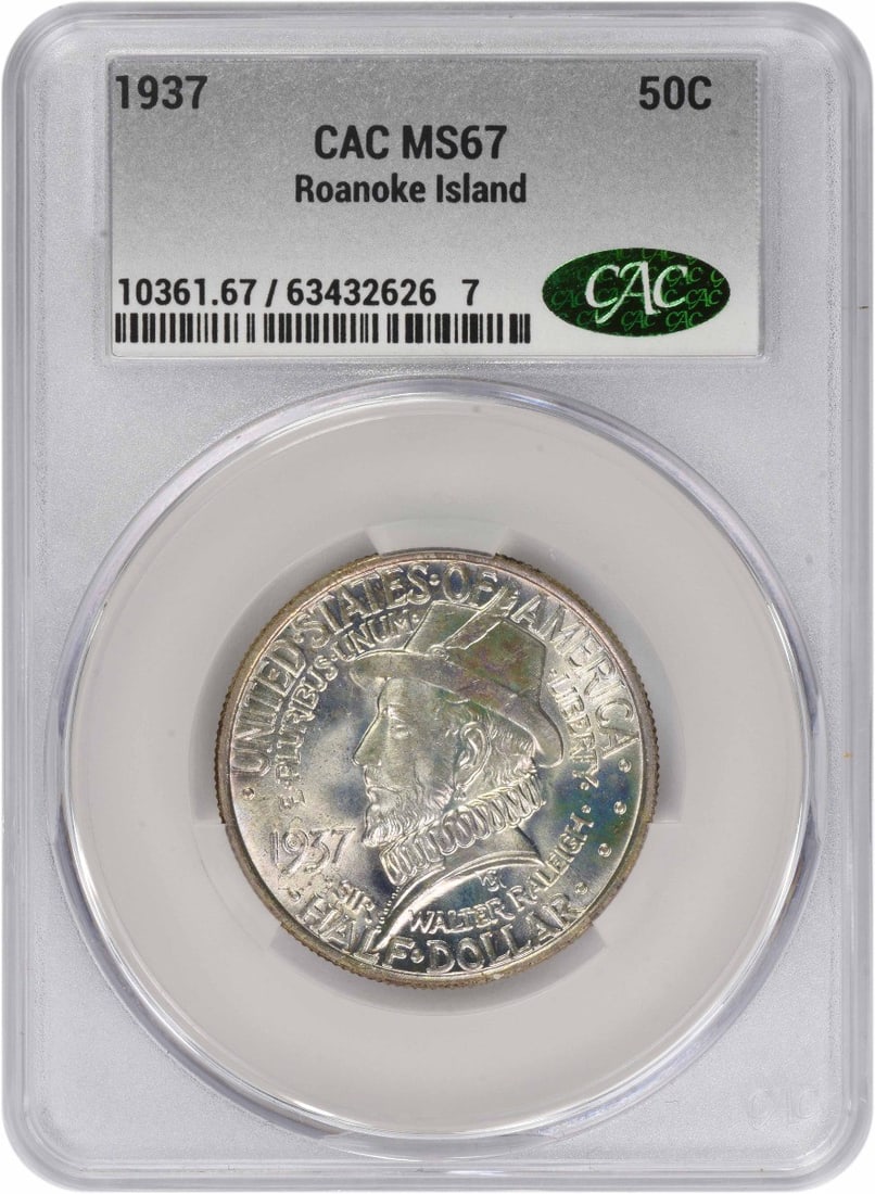 1937 Roanoke Silver 50 Cent Commemorative MS67 CACG Certified: 1937 Roanoke Silver 50 Cent Commemorative MS67 CACG Certified This is a 1937 Roanoke Commemorative Silver Half Dollar, certified MS67 by CACG. Struck at the Philadelphia Mint, this uncirculated coin i