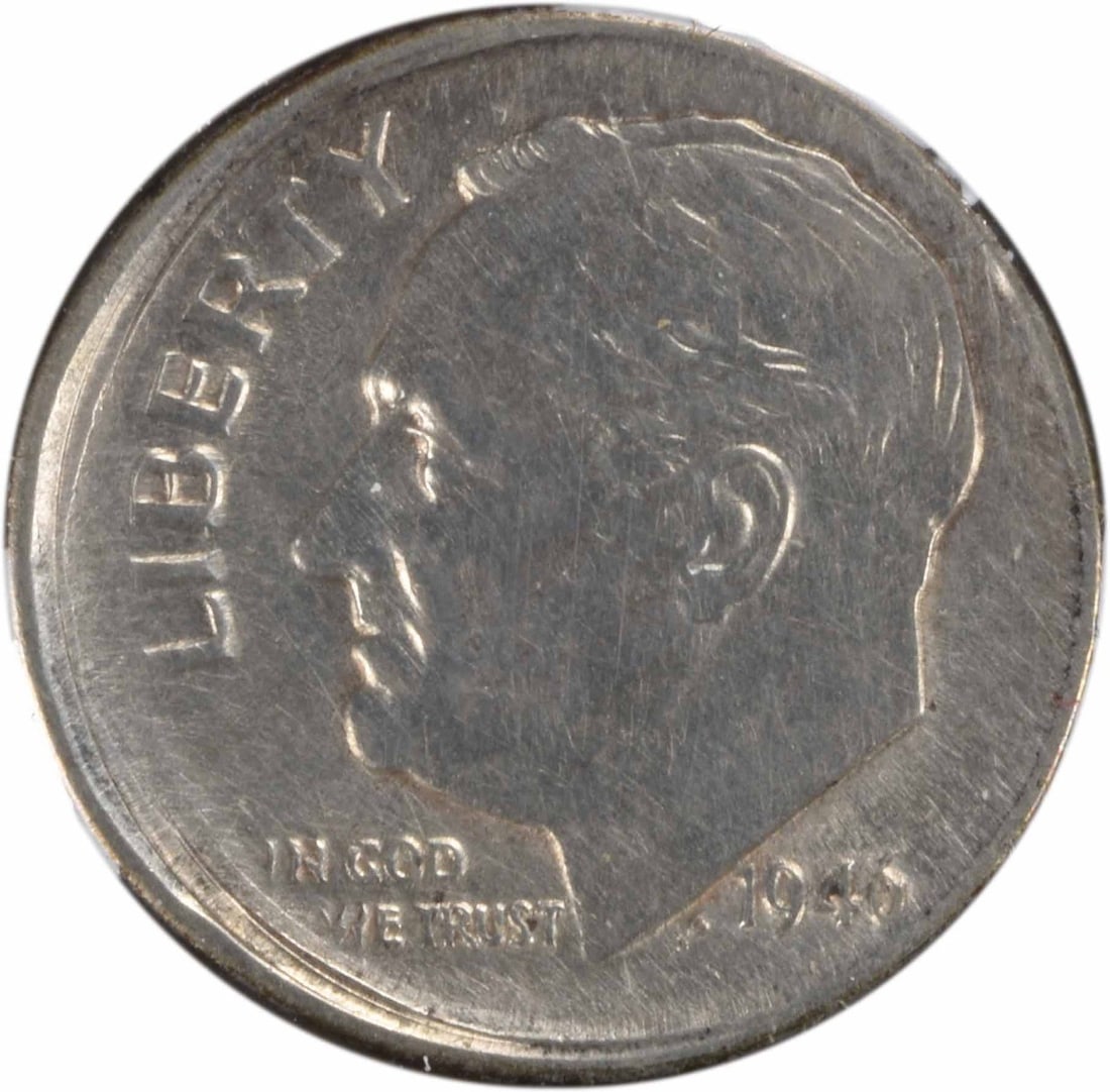 1946-S Roosevelt Silver Dime 5% Off Center AU Uncertified: 1946-S Roosevelt Silver Dime 5% Off Center AU Uncertified This 1946-S Roosevelt Silver Dime features a unique 5% off-center strike, showcasing its distinctiveness among collectible coins. The coin is 