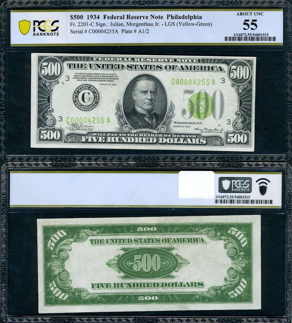 1934 $500 Philadelphia Federal Reserve Note C-A Block PCGS AU55 LGS: 1934 $500 Philadelphia Federal Reserve Note C-A Block PCGS AU55 LGS This 1934 $500 Federal Reserve Note from Philadelphia features a Light Green Seal and belongs to the C-A block. Certified by PCGS wi