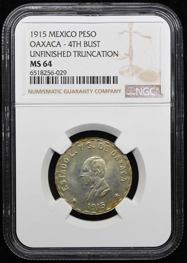 Mexico Oaxaca 1915 Peso KM-740.1 GB-345 NGC MS64: Mexico Oaxaca 1915 Peso KM-740.1 GB-345 NGC MS64 1915 Mexico Oaxaca peso certified by NGC and graded MS64. This pre-owned uncirculated coin is identified as KM-740.1 and GB-345. Specifications Item Ty