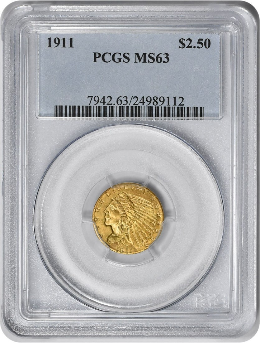 1911 $2.50 Gold Indian Coin MS63 PCGS Bela Lyon Pratt Design: 1911 $2.50 Gold Indian Coin MS63 PCGS Bela Lyon Pratt Design This 1911 $2.50 Gold Indian coin is a stunning example of numismatic artistry. Certified by PCGS with a grade of MS63, this uncirculated co