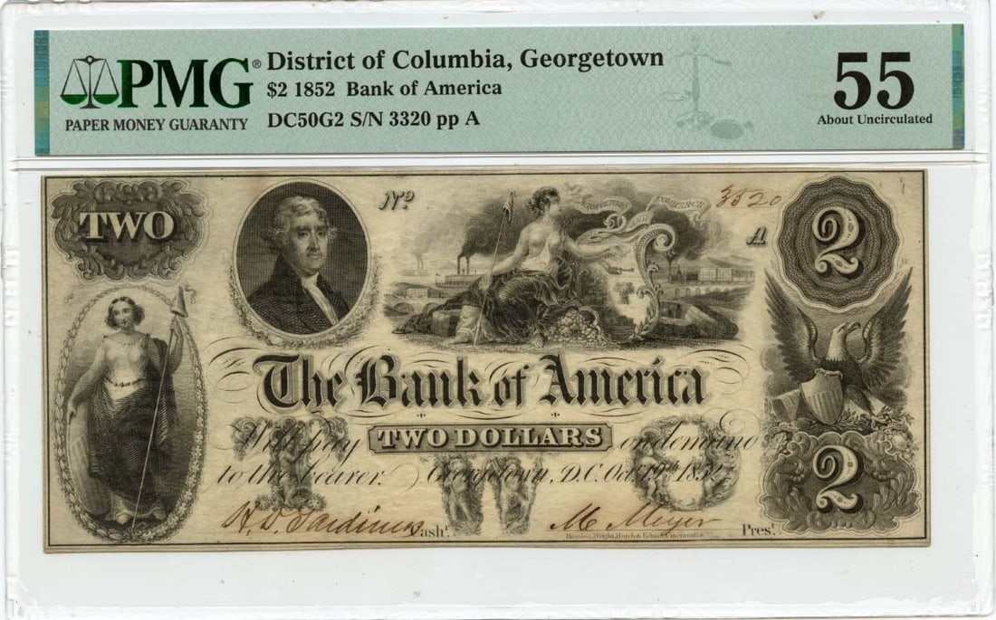 PMG AU55 1852 Georgetown DC $2 Obsolete Bank of America Note (1 of 2)