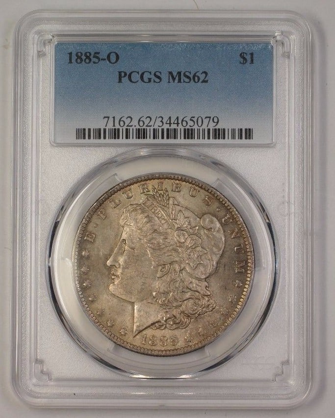 PCGS MS62 1885-O Morgan Dollar Toned Silver $1 Coin New Orleans Mint: PCGS MS62 1885-O Morgan Dollar Toned Silver $1 Coin New Orleans Mint This 1885-O US Morgan Silver Dollar is certified by PCGS with a grade of MS-62 and features a toned finish. Minted in New Orleans, 