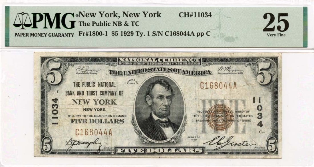 1929 $5 Public National Bank New York Currency PMG VF25 CH#11034: 1929 $5 Public National Bank New York Currency PMG VF25 CH#11034 This is a 1929 Type 1 $5 banknote issued by the Public National Bank and Trust Company of New York, New York. The note has been graded 