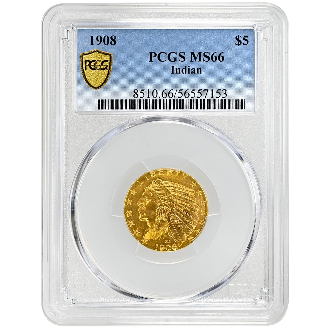 PCGS MS66 1908 $5 Indian Gold Coin: PCGS MS66 1908 $5 Indian Gold Coin 1908 $5 Indian gold coin graded PCGS MS66. This uncirculated example features attractive surfaces with frosty mint luster, vivid golden-rose color, full striking det
