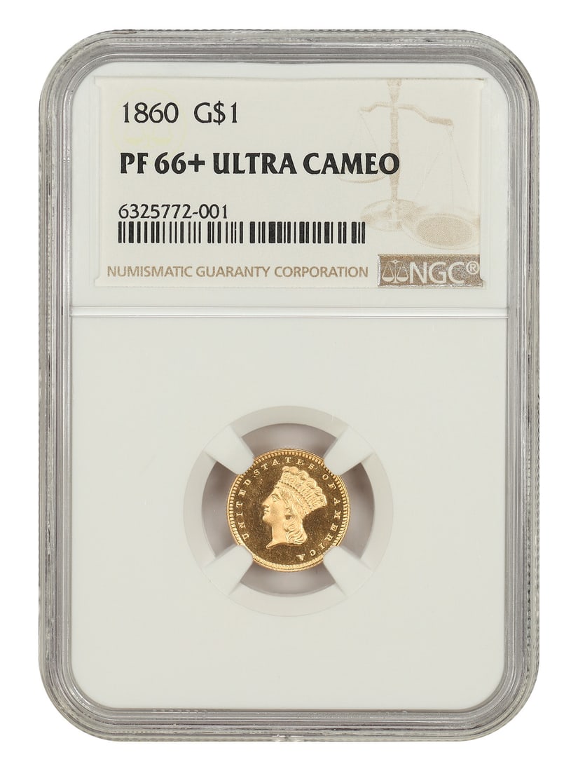 NGC PR66+DCAM 1860 G$1 Gold Dollar: NGC PR66+DCAM 1860 G$1 Gold Dollar 1860 Gold Dollar certified by NGC as PR66+ DCAM. This pre-owned proof coin is an uncirculated example from Philadelphia with strong cameo contrast between frosted de