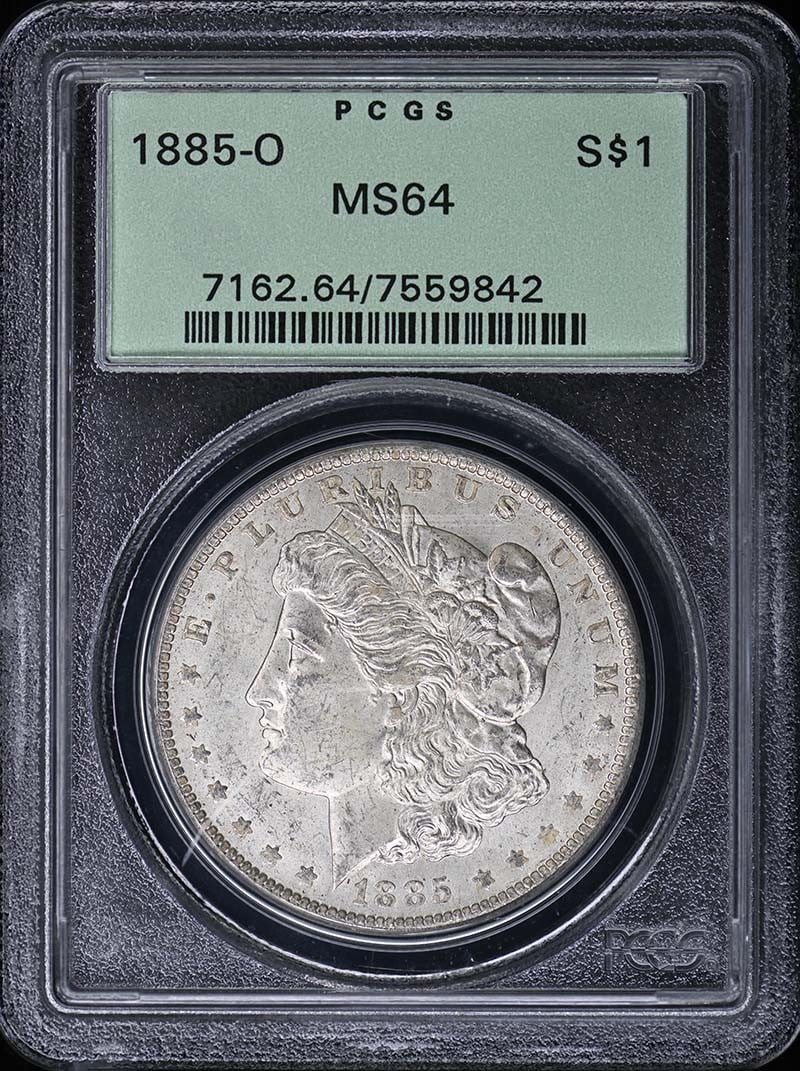 1885-O Morgan Silver Dollar PCGS MS64 New Orleans Mint: 1885-O Morgan Silver Dollar PCGS MS64 New Orleans Mint This 1885 Morgan Dollar was minted in New Orleans and is graded MS64 by PCGS. It is housed in an old green holder (OGH) and remains uncirculated.