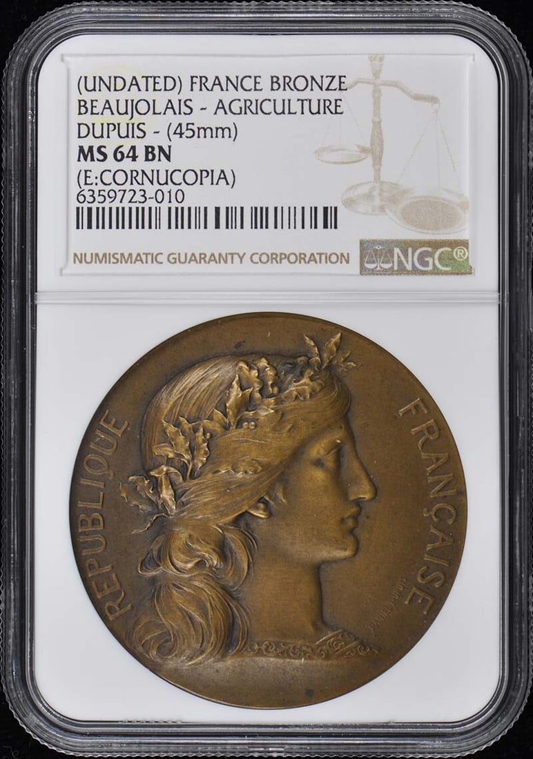 Beaujolais Agriculture Bronze Medal 45mm NGC MS64BN Certified: Beaujolais Agriculture Bronze Medal 45mm NGC MS64BN Certified This stunning bronze coin features the Beaujolais Agriculture motif and has been graded as MS64 by NGC, ensuring its uncirculated quality.