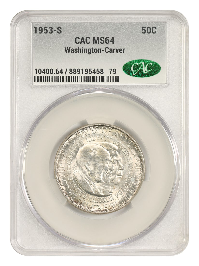 CACG MS64 1953-S Washington-Carver 50C Silver Commemorative: CACG MS64 1953-S Washington-Carver 50C Silver Commemorative 1953-S 50C Washington-Carver classic silver commemorative certified by CACG with an MS64 grade. This uncirculated coin was struck at the San