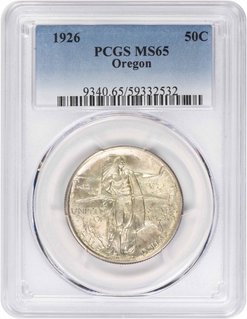 1926 Oregon Trail Memorial Half Dollar Silver MS65 PCGS: 1926 Oregon Trail Memorial Half Dollar Silver MS65 PCGS 1926 Oregon Commemorative Silver Half Dollar certified by PCGS and graded MS65. This uncirculated United States commemorative coin is struck in 