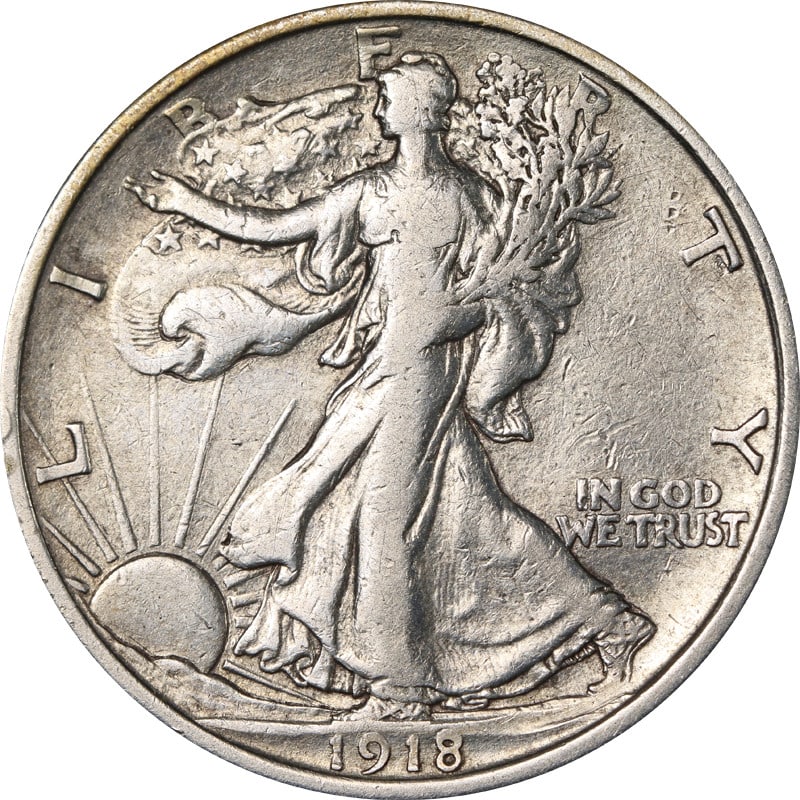 1918 Denver Silver Walking Liberty Half Dollar Coin United States: 1918 Denver Silver Walking Liberty Half Dollar Coin United States This is a 1918-D Walking Liberty Half dollar coin from the United States. The coin is circulated and composed of silver with a finenes