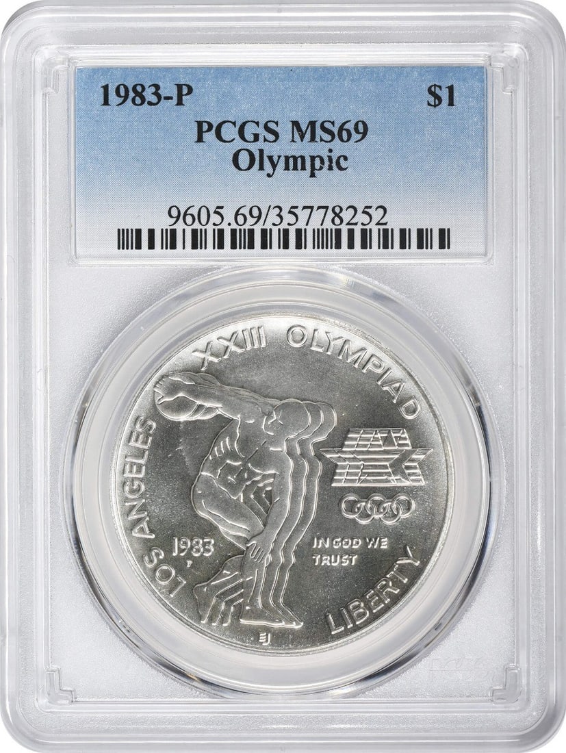 PCGS MS69 1983 Philadelphia Olympic Silver Commemorative Dollar Coin: PCGS MS69 1983 Philadelphia Olympic Silver Commemorative Dollar Coin This is a 1983-P Olympic Silver Commemorative Dollar graded MS69 by PCGS. Struck at the Philadelphia Mint, this uncirculated coin i