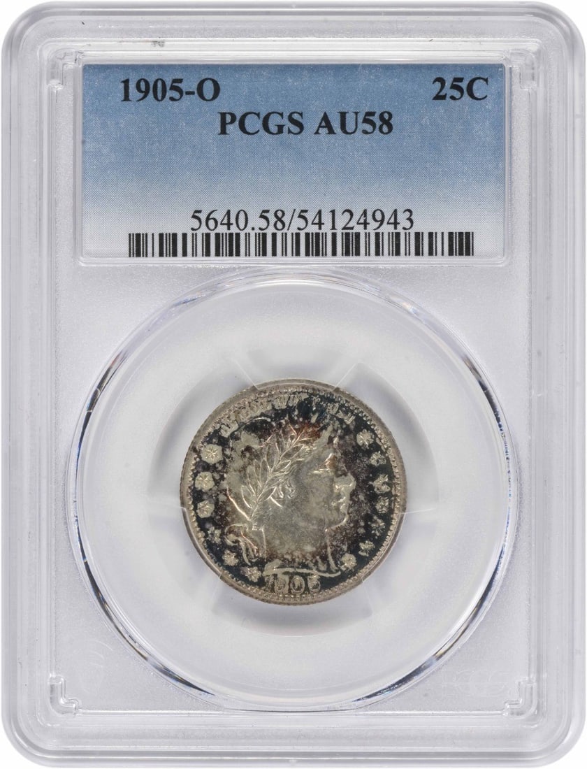 PCGS AU58 1905-O Barber 25C Silver Quarter: PCGS AU58 1905-O Barber 25C Silver Quarter This 1905-O Barber Silver Quarter is graded AU58 by PCGS. Minted in New Orleans, this circulated coin features a composition of 90% silver and 10% copper. De
