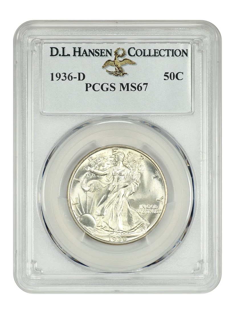 Walking Liberty Half Dollar 1936-D 50C PCGS MS67 ex D.L. Hansen: Walking Liberty Half Dollar 1936-D 50C PCGS MS67 ex D.L. Hansen 1936-D Walking Liberty Half Dollar certified by PCGS and graded MS67, ex: D.L. Hansen. PCGS lists just eight finer, all MS67+! This unci