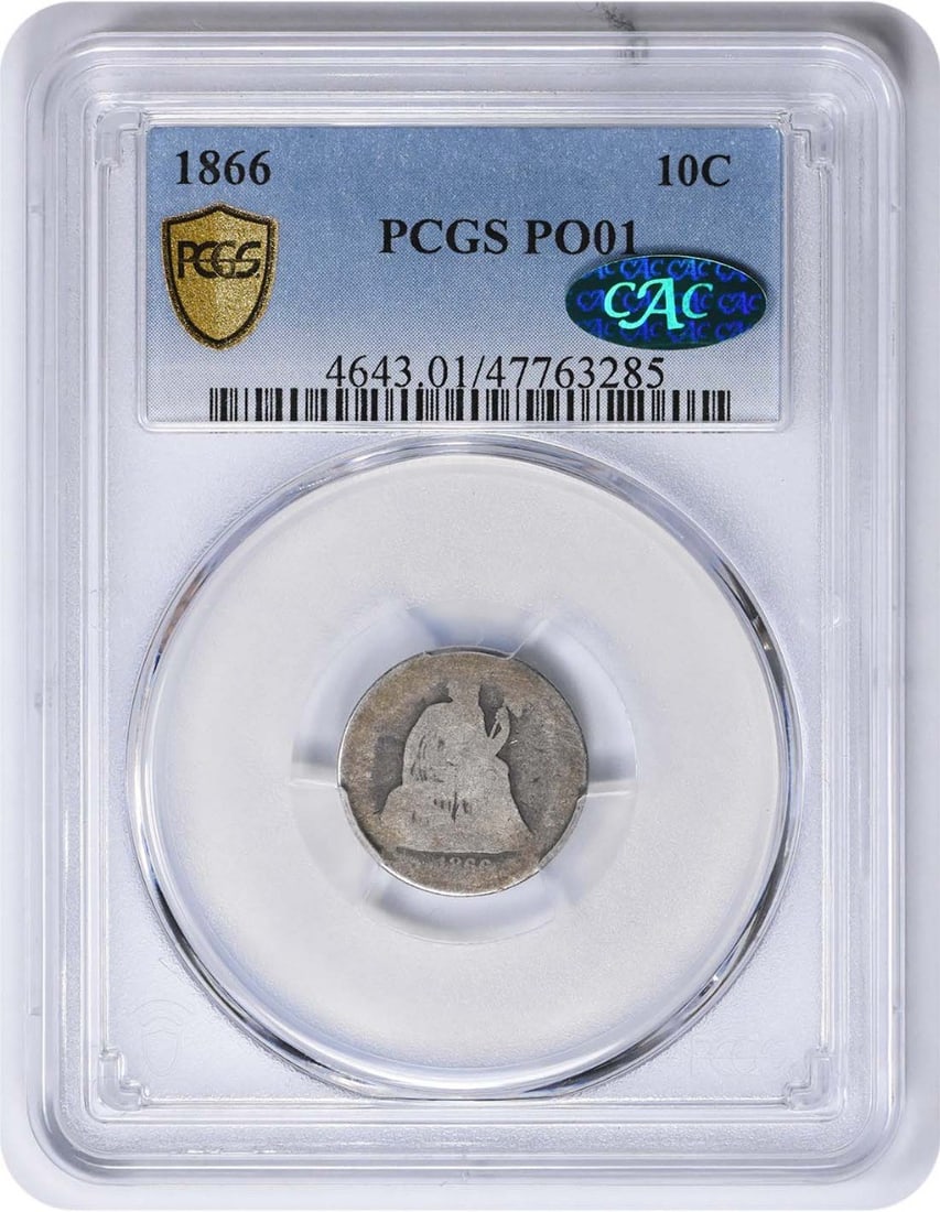 PCGS CAC 1866 Seated Liberty dime 10C Philadelphia: PCGS CAC 1866 Seated Liberty dime 10C Philadelphia This 1866 Liberty Seated Silver Dime is graded PO01 by PCGS and features CAC approval. Struck in Philadelphia, the coin is composed of 90% silver and